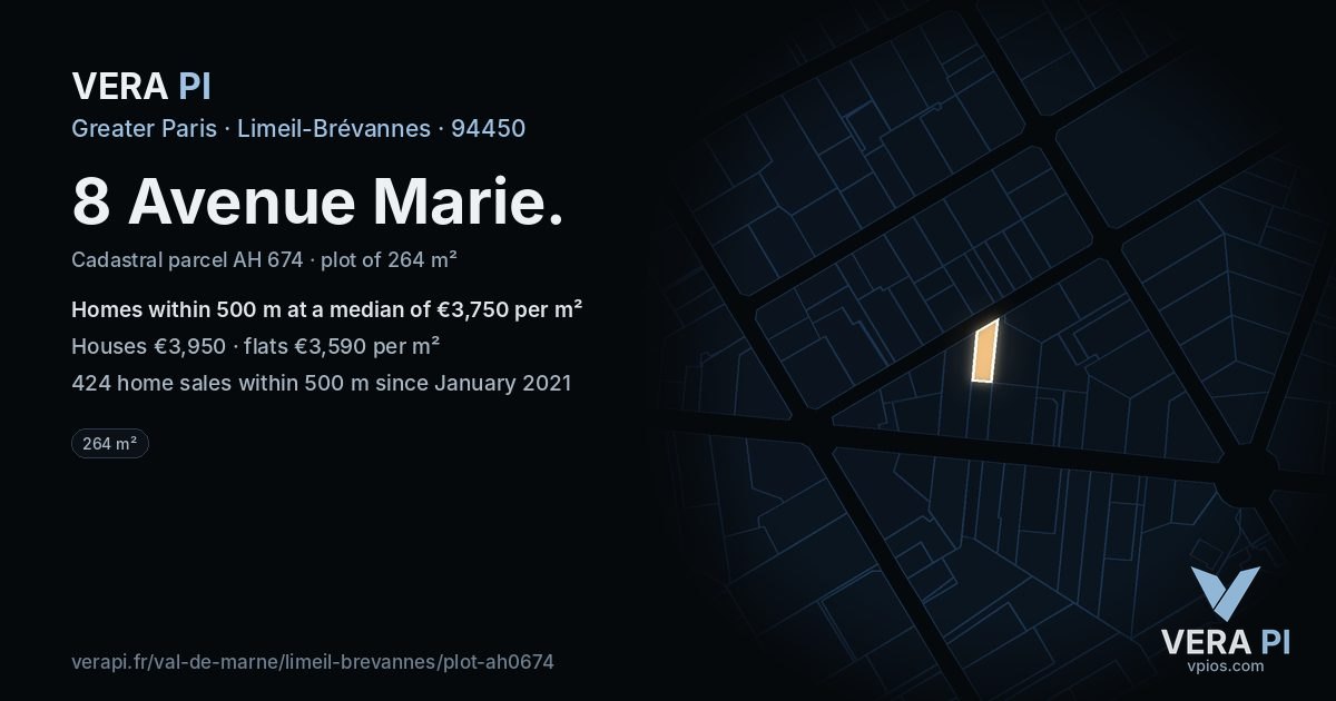 8 Avenue Marie, Limeil-Brévannes at night – the plot lit, the parcels around coloured by the prices near them