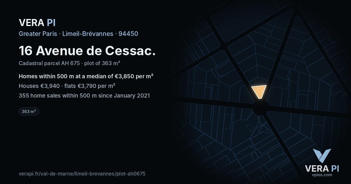 16 Avenue de Cessac, Limeil-Brévannes at night – the plot lit, the parcels around coloured by the prices near them