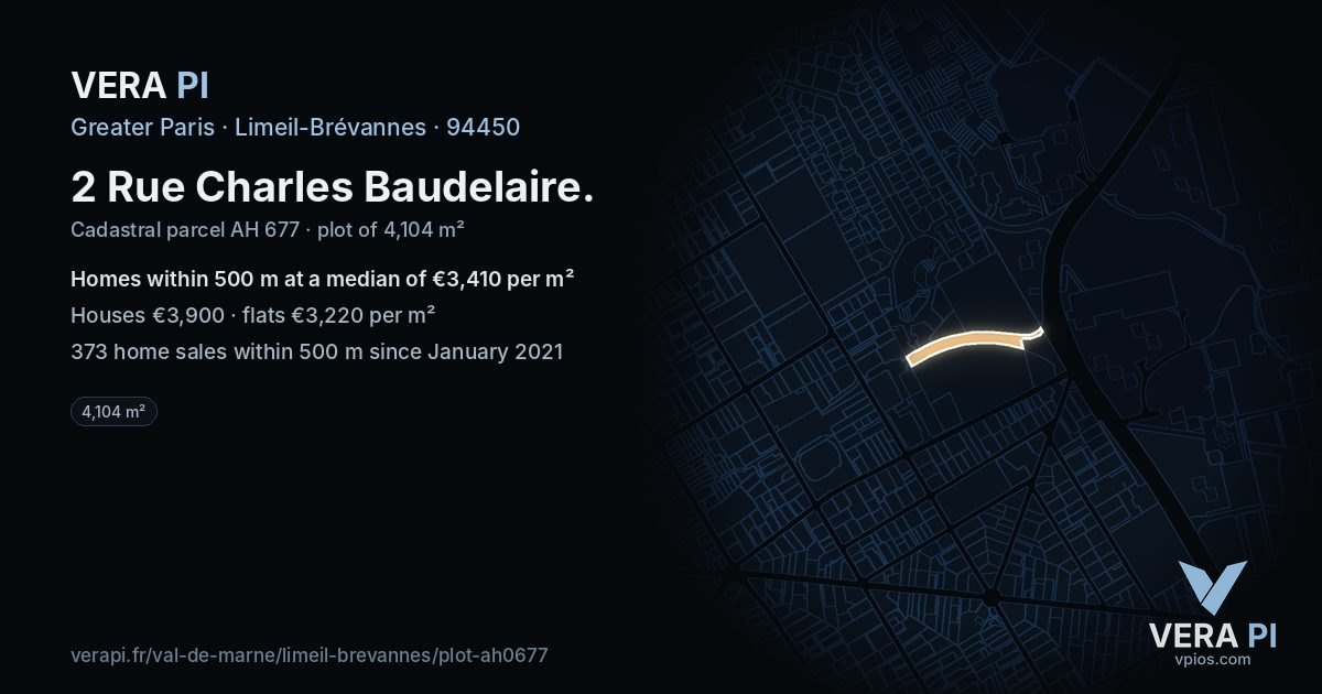 2 Rue Charles Baudelaire, Limeil-Brévannes at night – the plot lit, the parcels around coloured by the prices near them