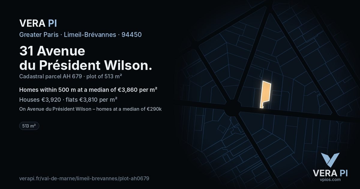 31 Avenue du Président Wilson, Limeil-Brévannes at night – the plot lit, the parcels around coloured by the prices near them