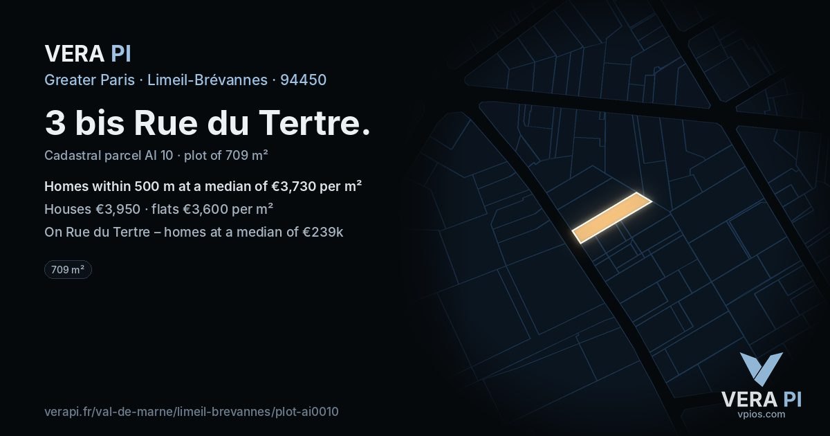 3 bis Rue du Tertre, Limeil-Brévannes at night – the plot lit, the parcels around coloured by the prices near them