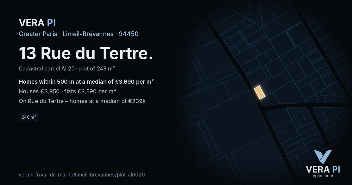 13 Rue du Tertre, Limeil-Brévannes at night – the plot lit, the parcels around coloured by the prices near them