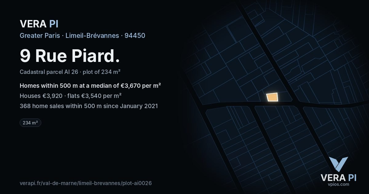 9 Rue Piard, Limeil-Brévannes at night – the plot lit, the parcels around coloured by the prices near them