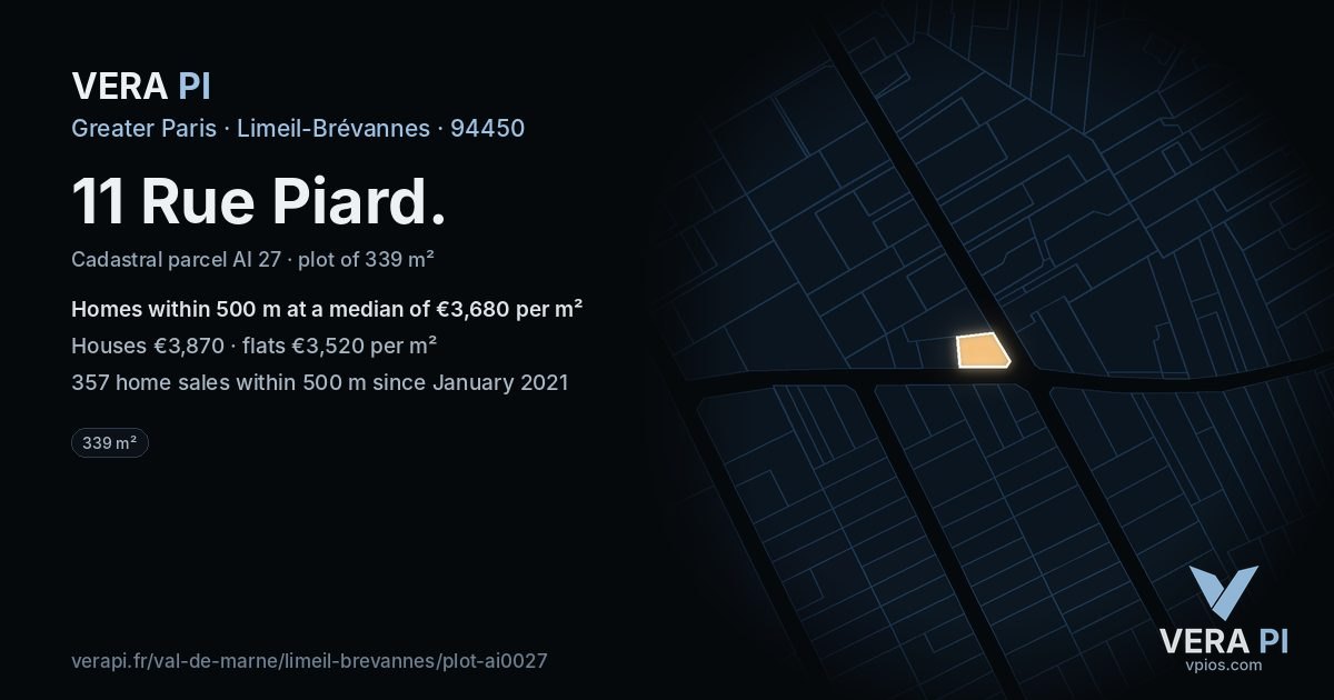 11 Rue Piard, Limeil-Brévannes at night – the plot lit, the parcels around coloured by the prices near them