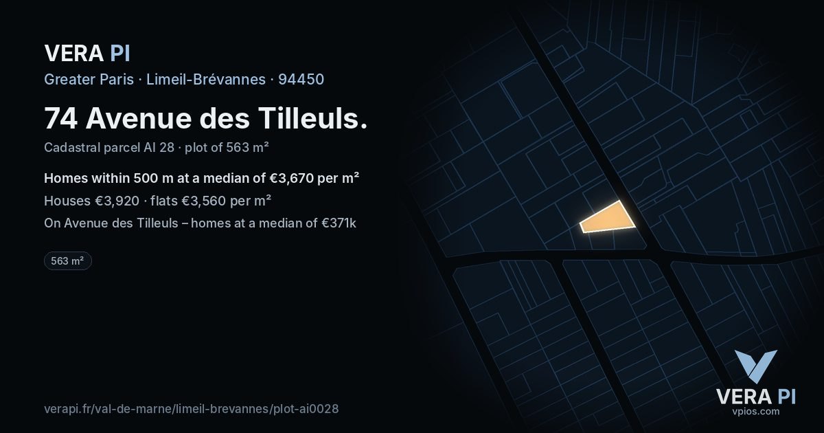 74 Avenue des Tilleuls, Limeil-Brévannes at night – the plot lit, the parcels around coloured by the prices near them