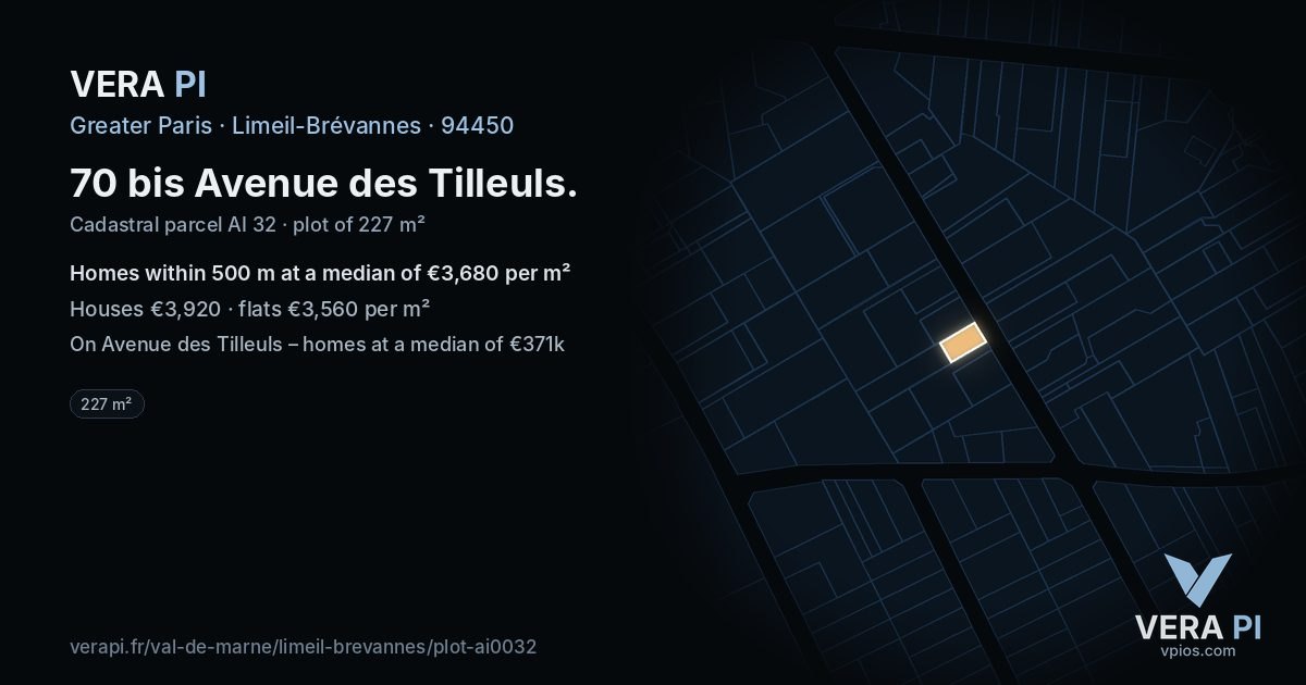 70 bis Avenue des Tilleuls, Limeil-Brévannes at night – the plot lit, the parcels around coloured by the prices near them