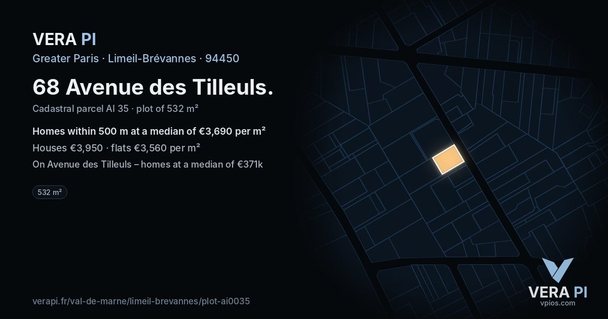 68 Avenue des Tilleuls, Limeil-Brévannes at night – the plot lit, the parcels around coloured by the prices near them