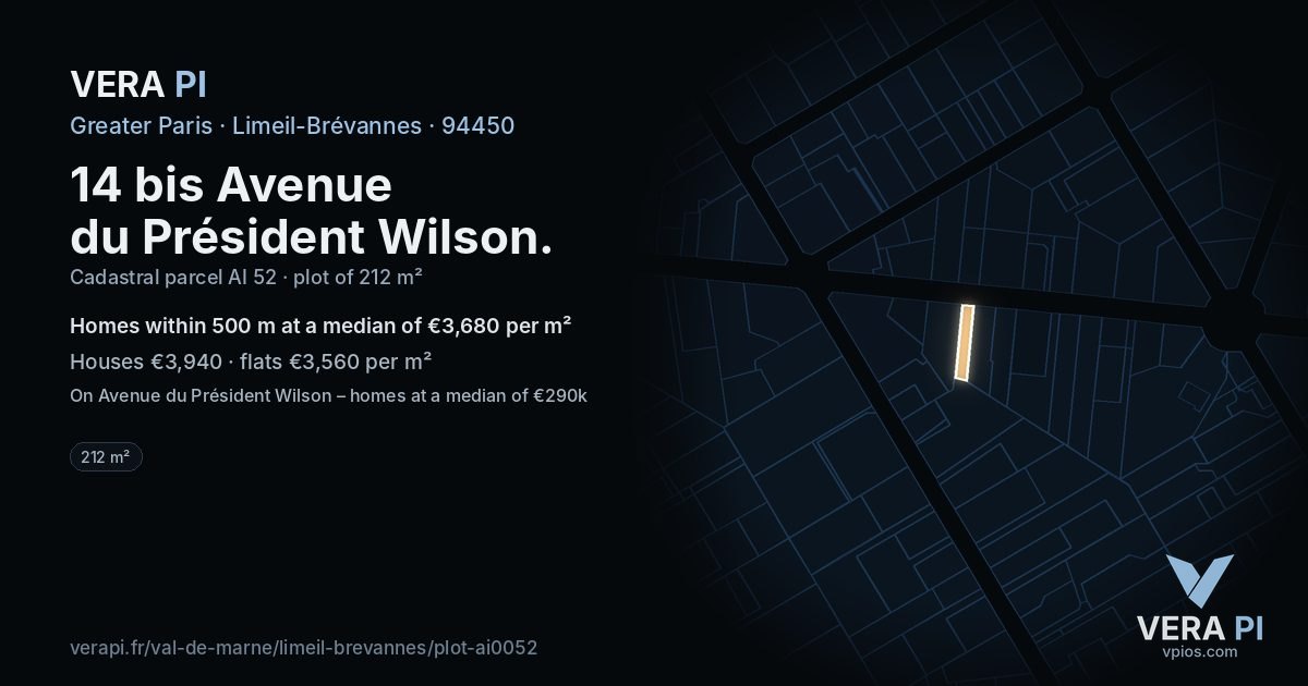 14 bis Avenue du Président Wilson, Limeil-Brévannes at night – the plot lit, the parcels around coloured by the prices near them