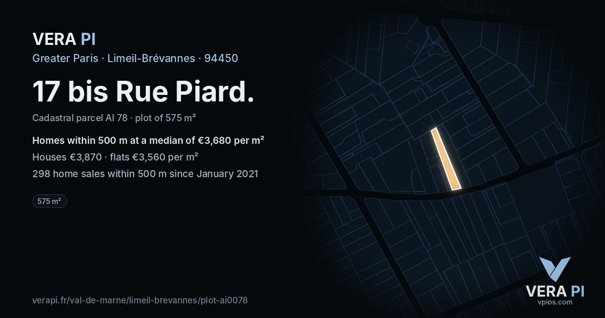 17 bis Rue Piard, Limeil-Brévannes at night – the plot lit, the parcels around coloured by the prices near them