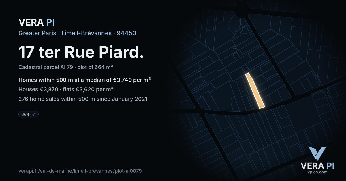 17 ter Rue Piard, Limeil-Brévannes at night – the plot lit, the parcels around coloured by the prices near them