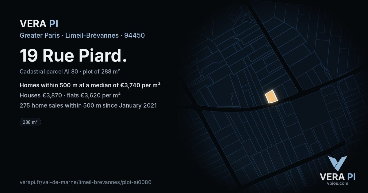 19 Rue Piard, Limeil-Brévannes at night – the plot lit, the parcels around coloured by the prices near them
