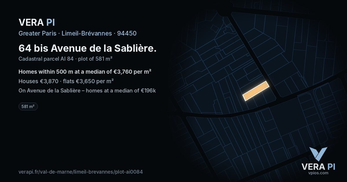 64 bis Avenue de la Sablière, Limeil-Brévannes at night – the plot lit, the parcels around coloured by the prices near them
