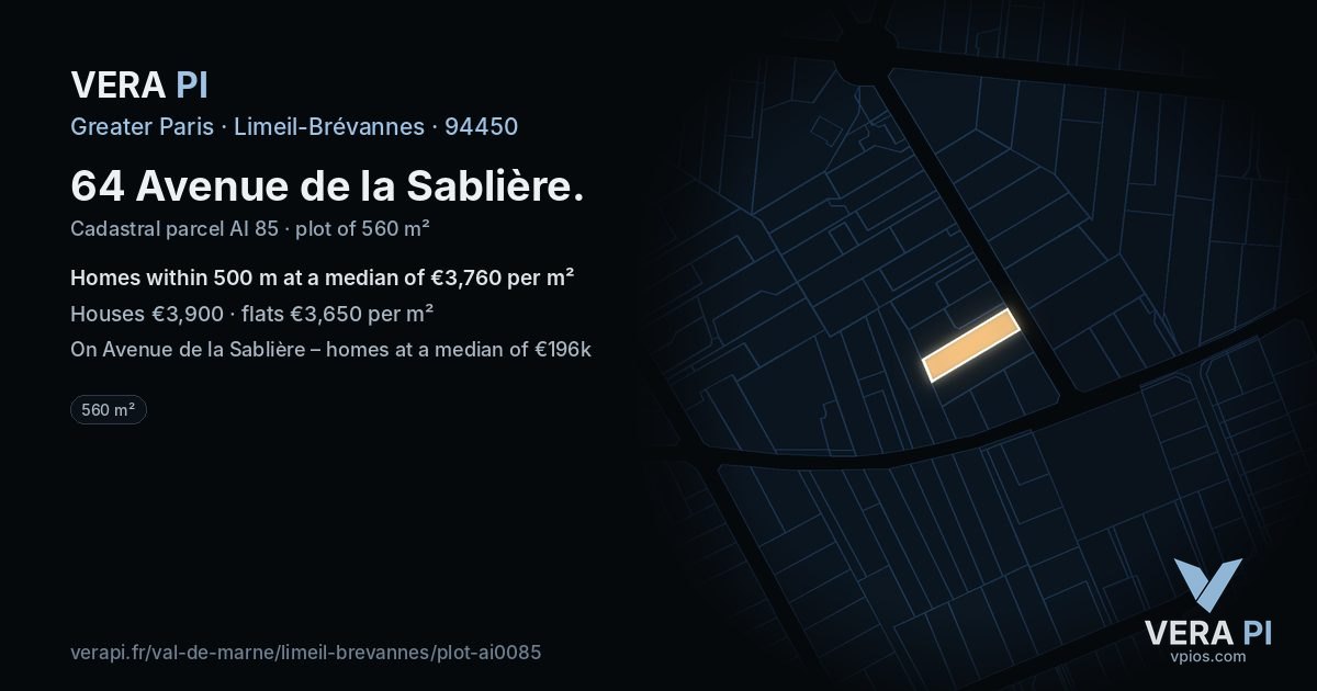 64 Avenue de la Sablière, Limeil-Brévannes at night – the plot lit, the parcels around coloured by the prices near them