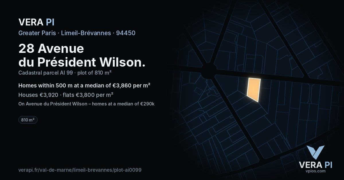 28 Avenue du Président Wilson, Limeil-Brévannes at night – the plot lit, the parcels around coloured by the prices near them