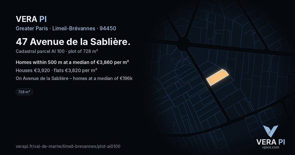 47 Avenue de la Sablière, Limeil-Brévannes at night – the plot lit, the parcels around coloured by the prices near them