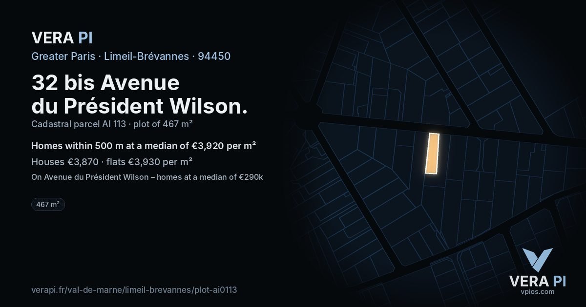 32 bis Avenue du Président Wilson, Limeil-Brévannes at night – the plot lit, the parcels around coloured by the prices near them