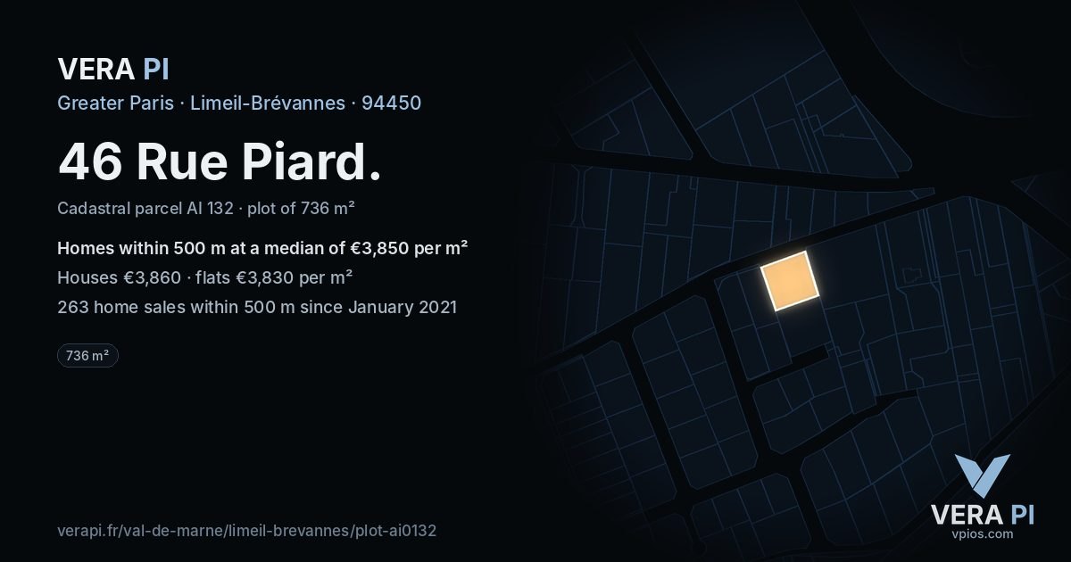 46 Rue Piard, Limeil-Brévannes at night – the plot lit, the parcels around coloured by the prices near them