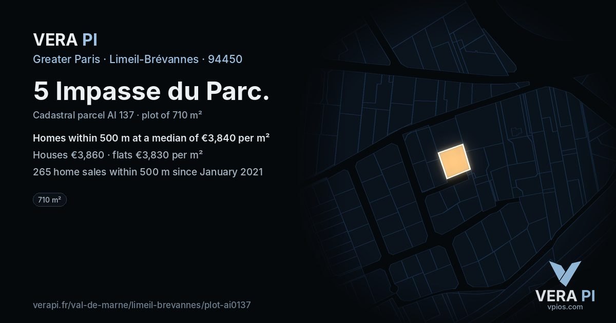 5 Impasse du Parc, Limeil-Brévannes at night – the plot lit, the parcels around coloured by the prices near them
