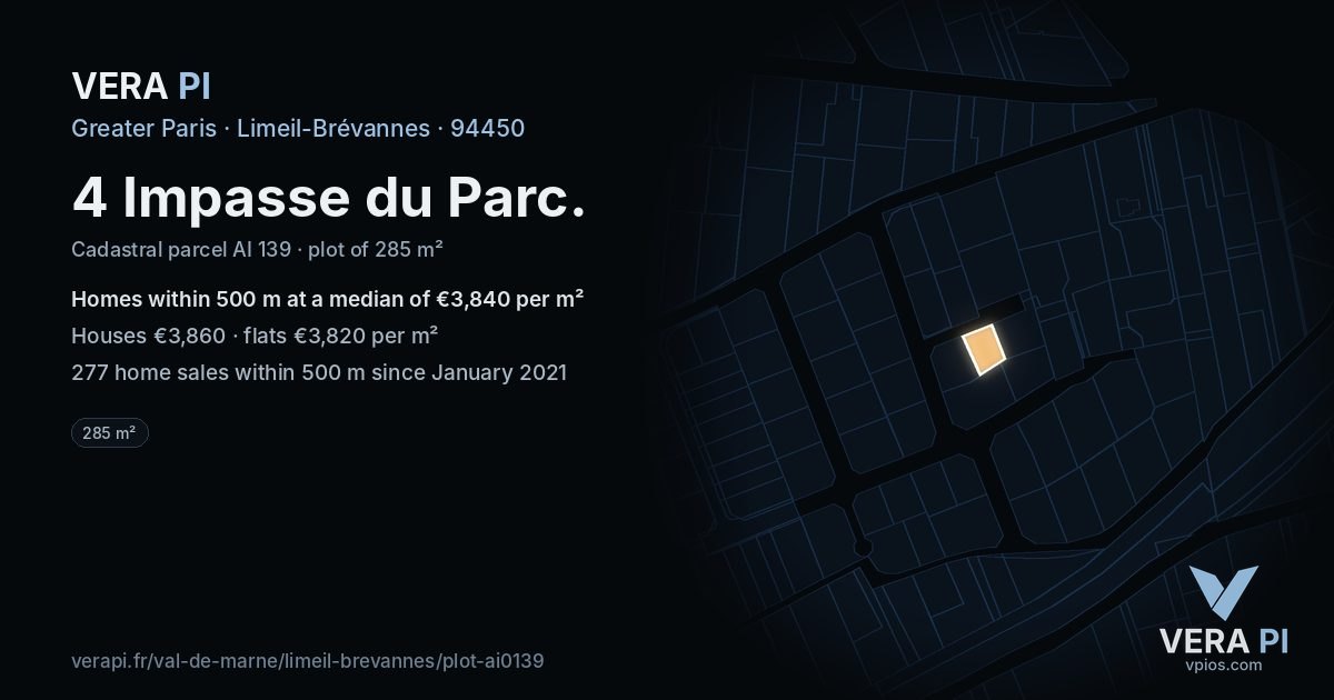 4 Impasse du Parc, Limeil-Brévannes at night – the plot lit, the parcels around coloured by the prices near them