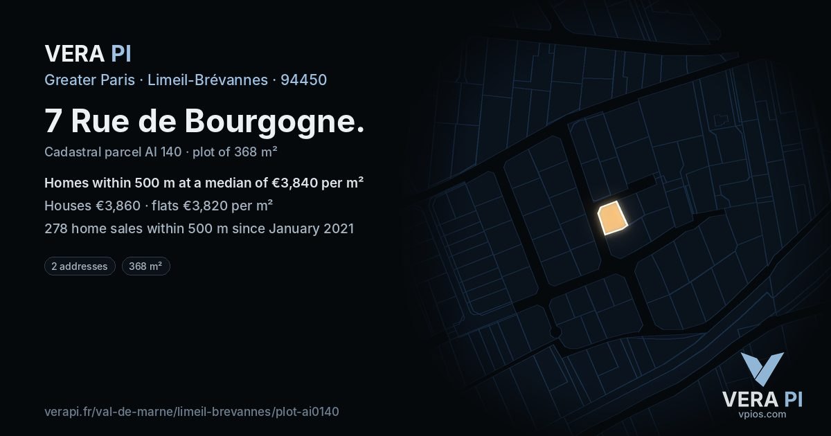 7 Rue de Bourgogne, Limeil-Brévannes at night – the plot lit, the parcels around coloured by the prices near them