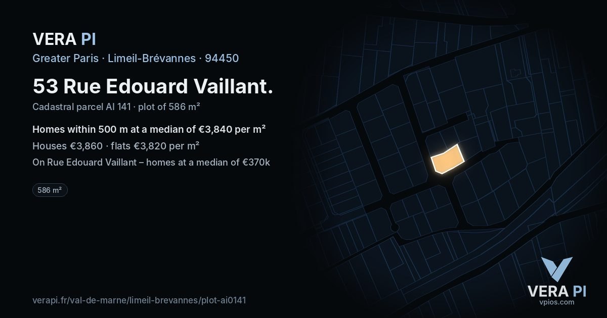 53 Rue Edouard Vaillant, Limeil-Brévannes at night – the plot lit, the parcels around coloured by the prices near them