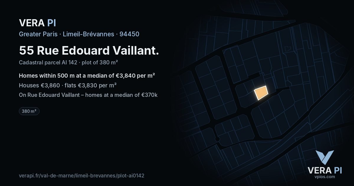 55 Rue Edouard Vaillant, Limeil-Brévannes at night – the plot lit, the parcels around coloured by the prices near them