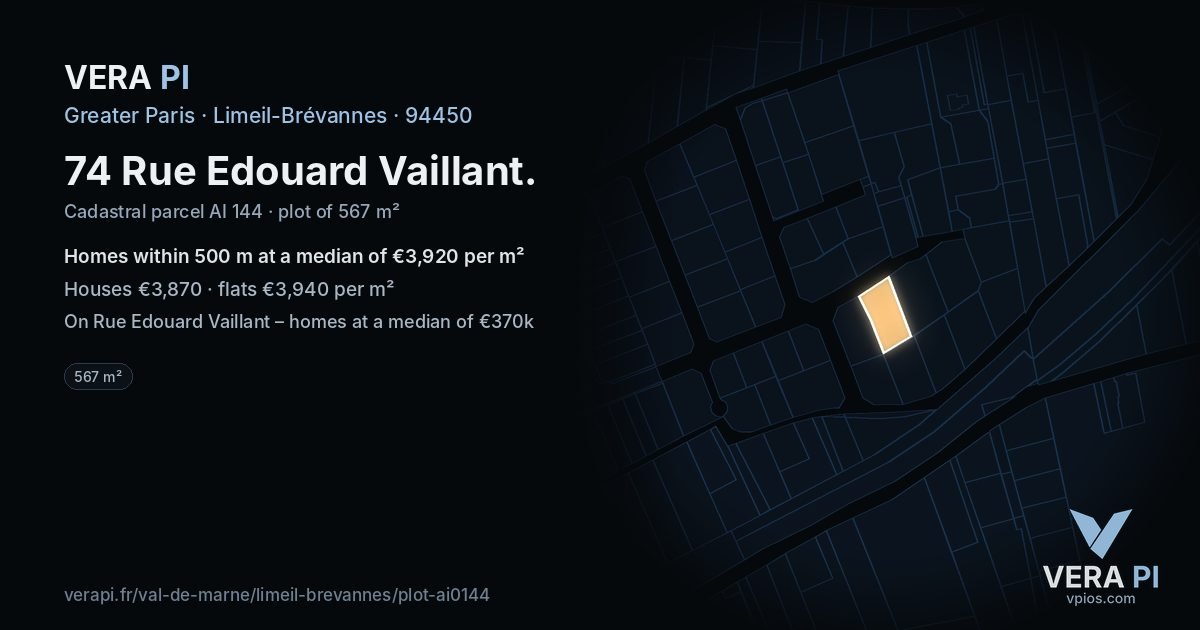 74 Rue Edouard Vaillant, Limeil-Brévannes at night – the plot lit, the parcels around coloured by the prices near them