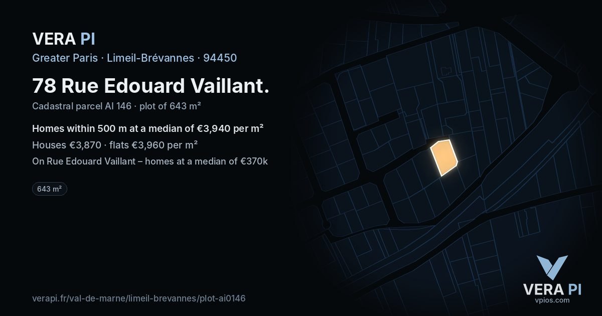 78 Rue Edouard Vaillant, Limeil-Brévannes at night – the plot lit, the parcels around coloured by the prices near them