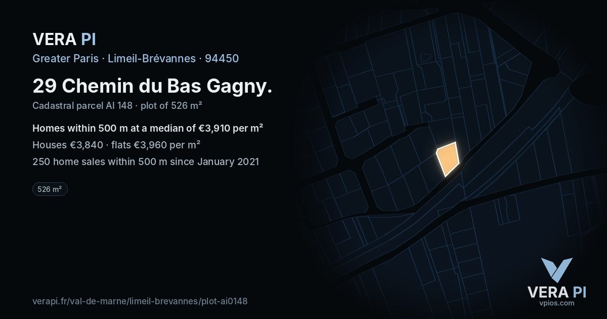 29 Chemin du Bas Gagny, Limeil-Brévannes at night – the plot lit, the parcels around coloured by the prices near them