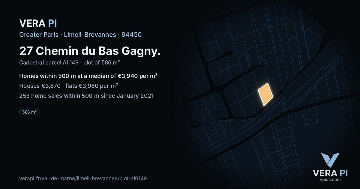 27 Chemin du Bas Gagny, Limeil-Brévannes at night – the plot lit, the parcels around coloured by the prices near them