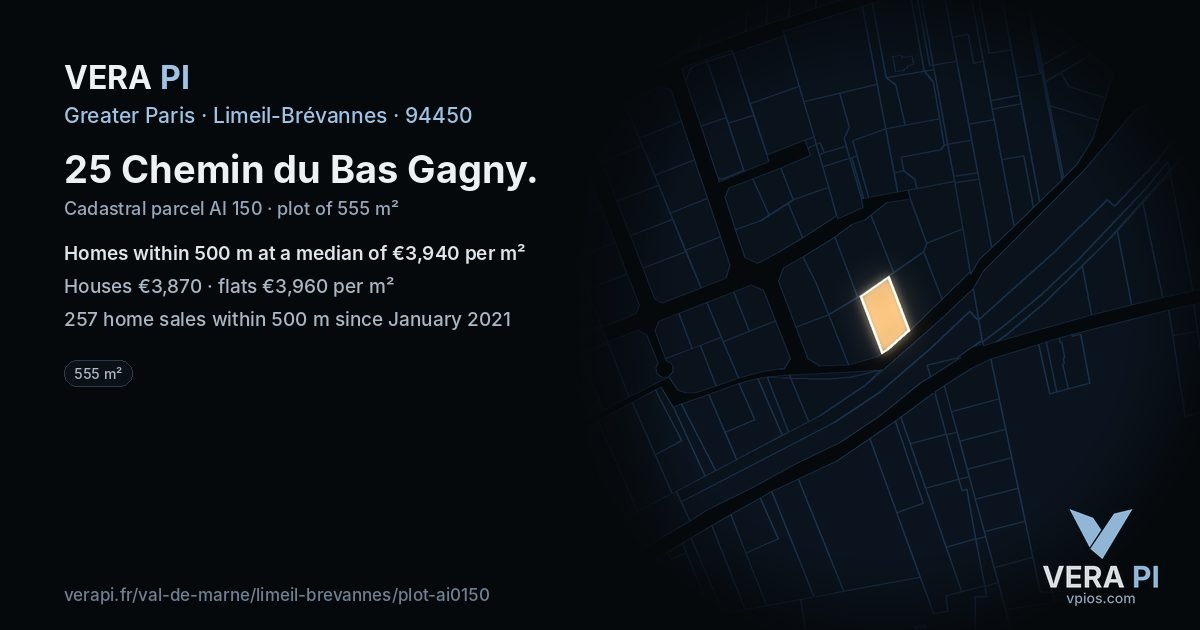 25 Chemin du Bas Gagny, Limeil-Brévannes at night – the plot lit, the parcels around coloured by the prices near them