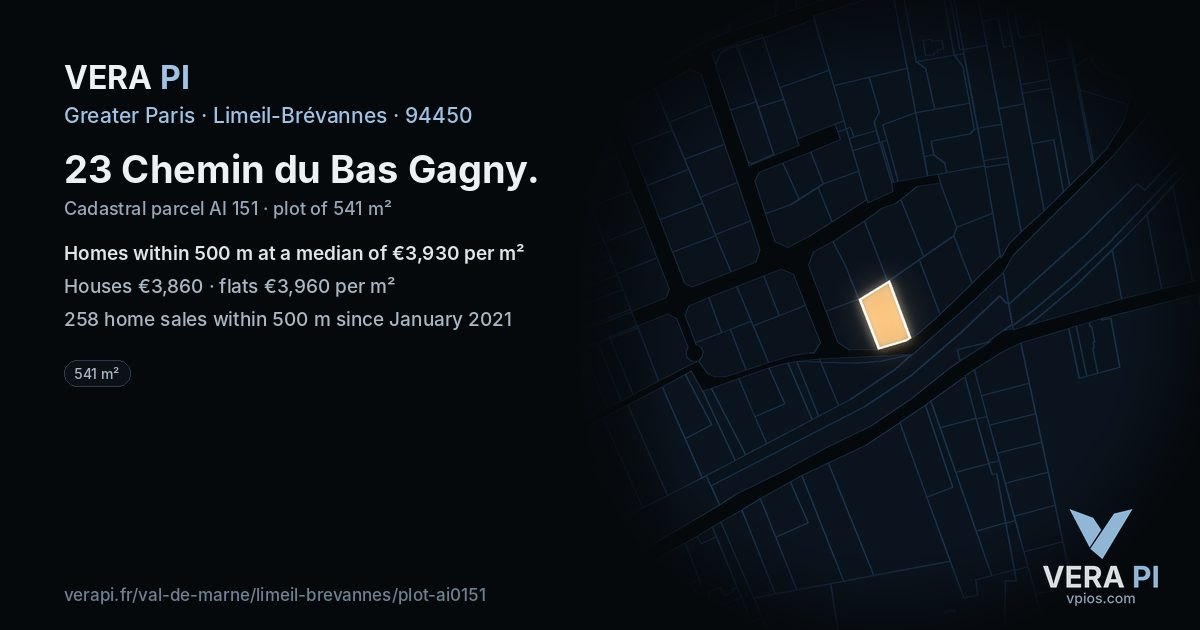 23 Chemin du Bas Gagny, Limeil-Brévannes at night – the plot lit, the parcels around coloured by the prices near them