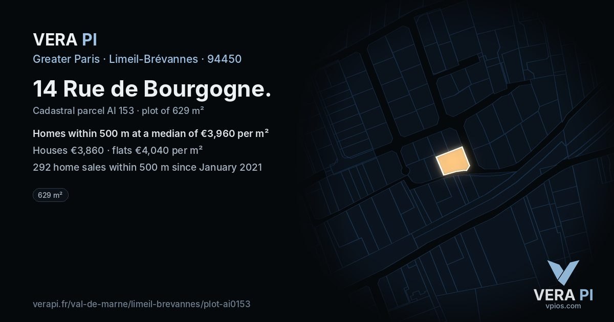 14 Rue de Bourgogne, Limeil-Brévannes at night – the plot lit, the parcels around coloured by the prices near them