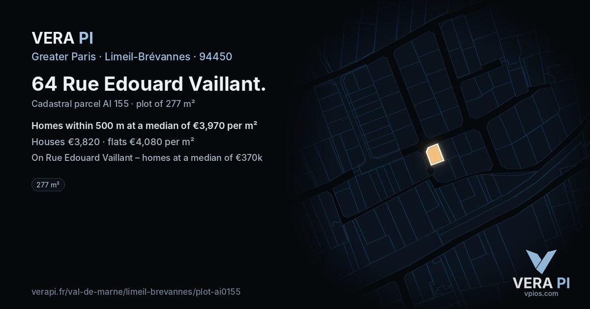 64 Rue Edouard Vaillant, Limeil-Brévannes at night – the plot lit, the parcels around coloured by the prices near them