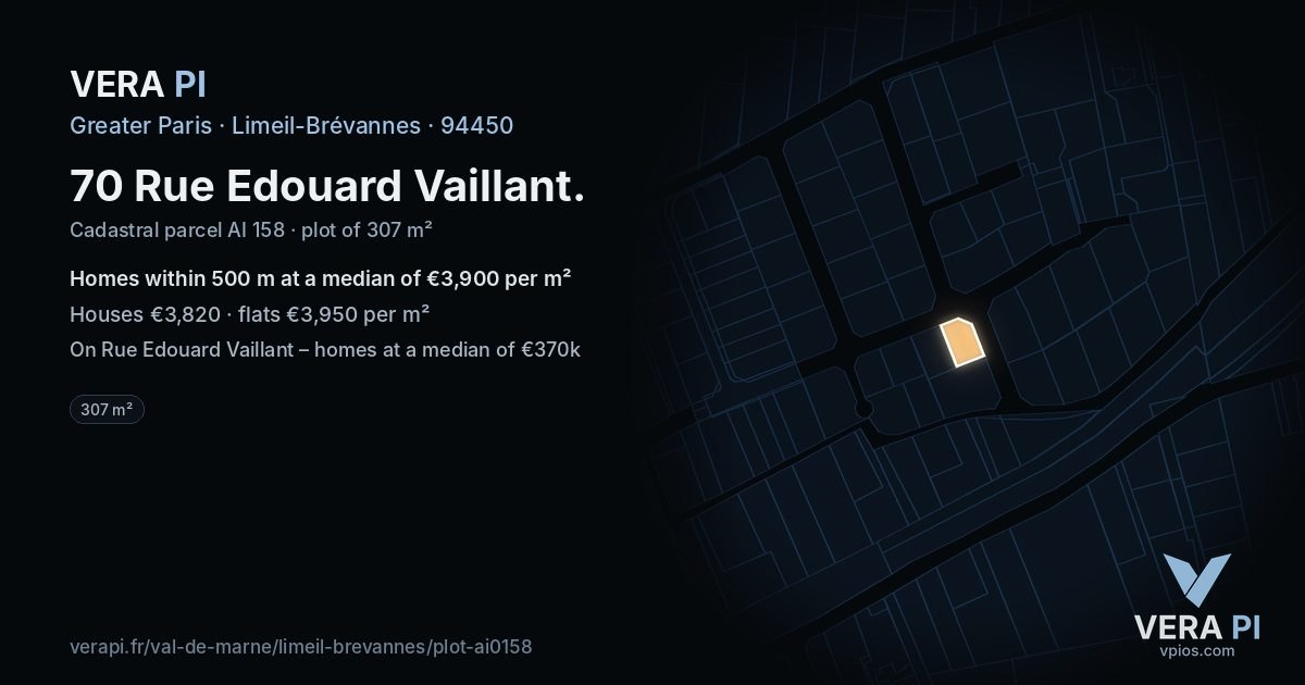 70 Rue Edouard Vaillant, Limeil-Brévannes at night – the plot lit, the parcels around coloured by the prices near them