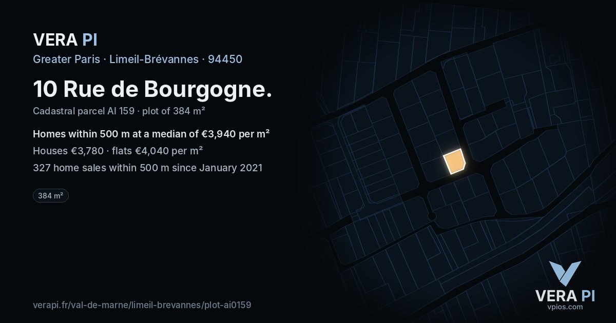 10 Rue de Bourgogne, Limeil-Brévannes at night – the plot lit, the parcels around coloured by the prices near them