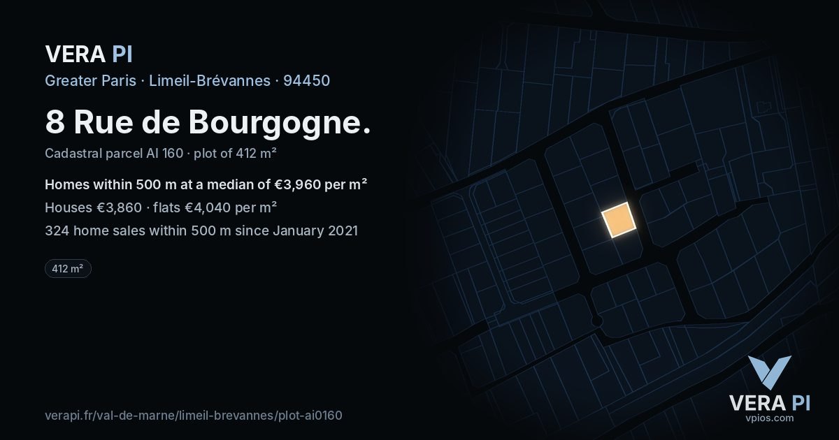 8 Rue de Bourgogne, Limeil-Brévannes at night – the plot lit, the parcels around coloured by the prices near them