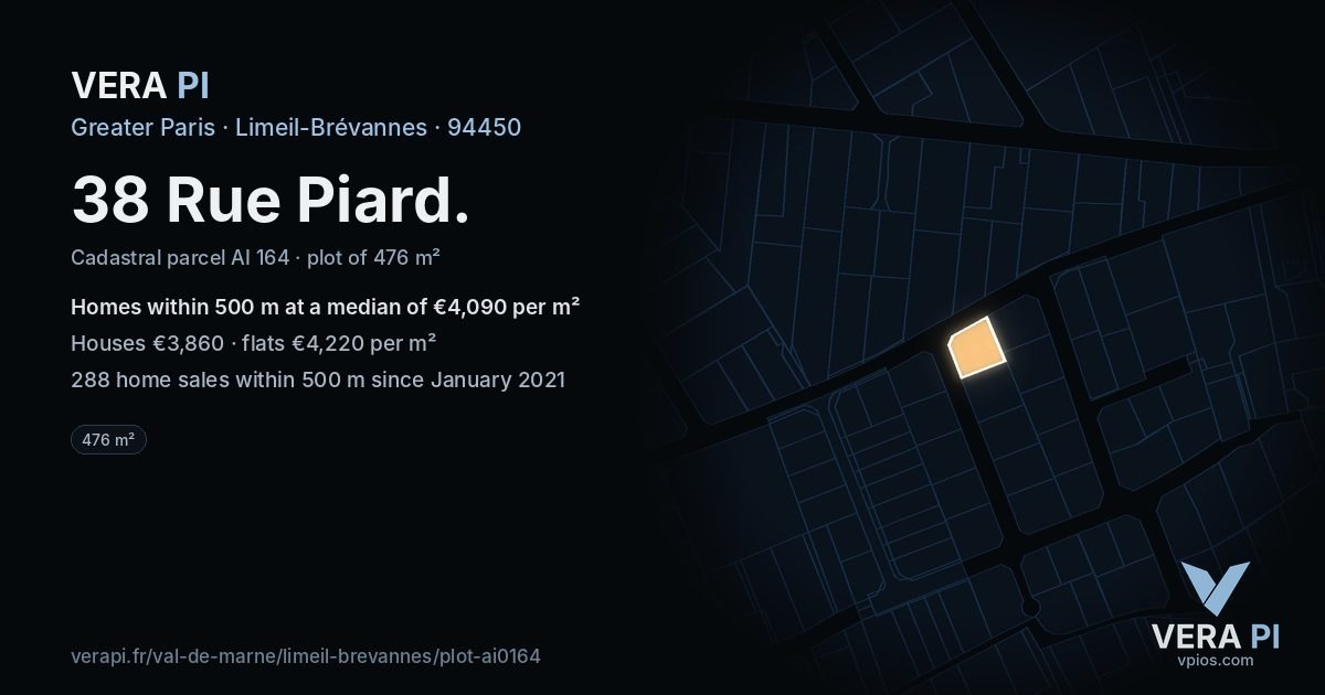 38 Rue Piard, Limeil-Brévannes at night – the plot lit, the parcels around coloured by the prices near them