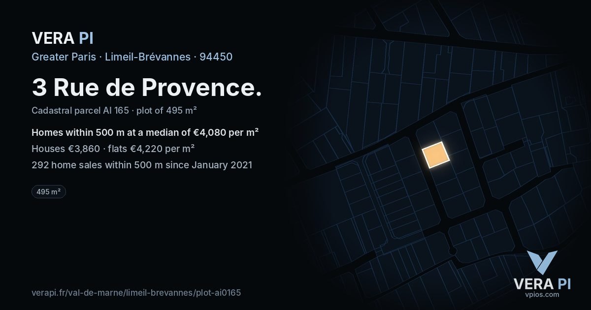 3 Rue de Provence, Limeil-Brévannes at night – the plot lit, the parcels around coloured by the prices near them