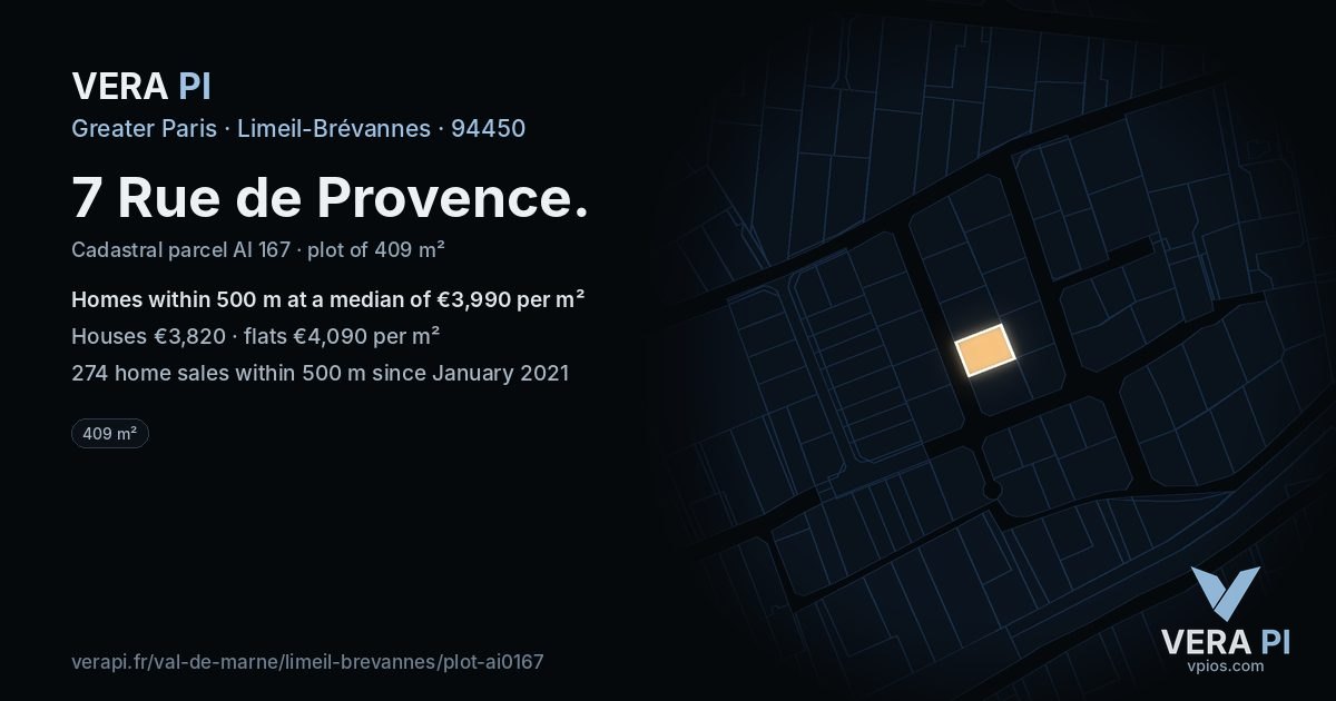 7 Rue de Provence, Limeil-Brévannes at night – the plot lit, the parcels around coloured by the prices near them
