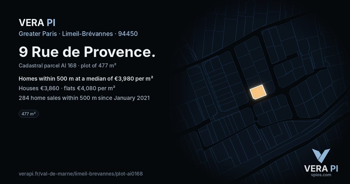9 Rue de Provence, Limeil-Brévannes at night – the plot lit, the parcels around coloured by the prices near them