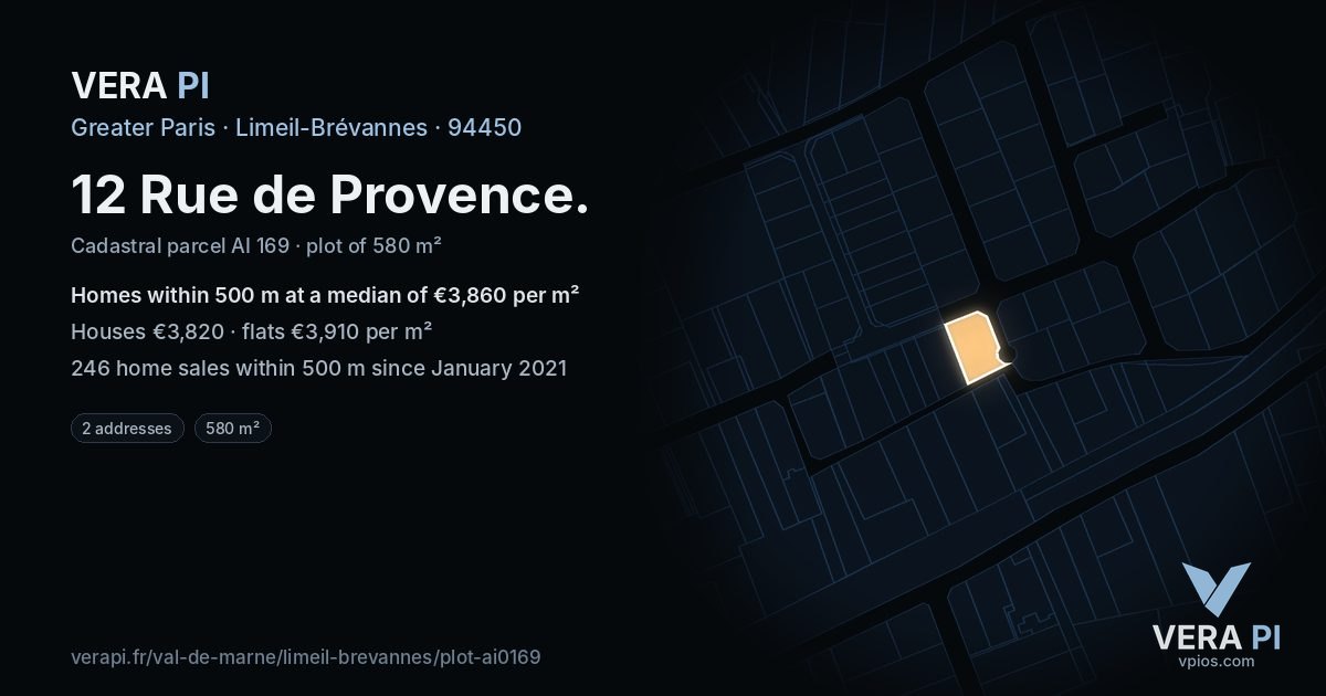 12 Rue de Provence, Limeil-Brévannes at night – the plot lit, the parcels around coloured by the prices near them