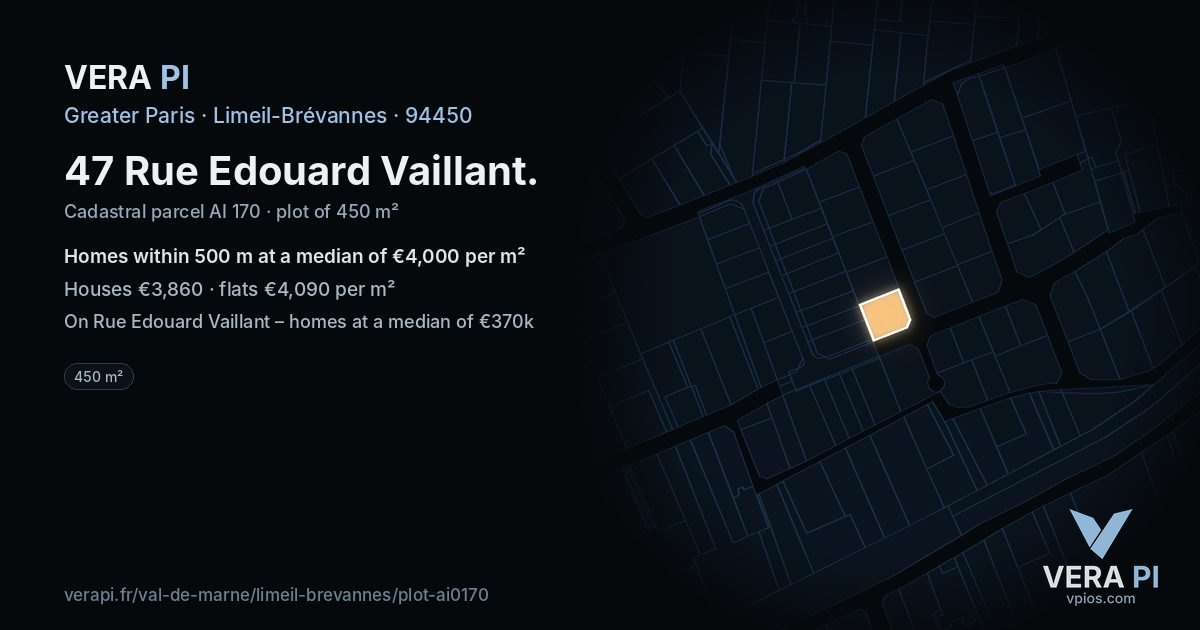 47 Rue Edouard Vaillant, Limeil-Brévannes at night – the plot lit, the parcels around coloured by the prices near them