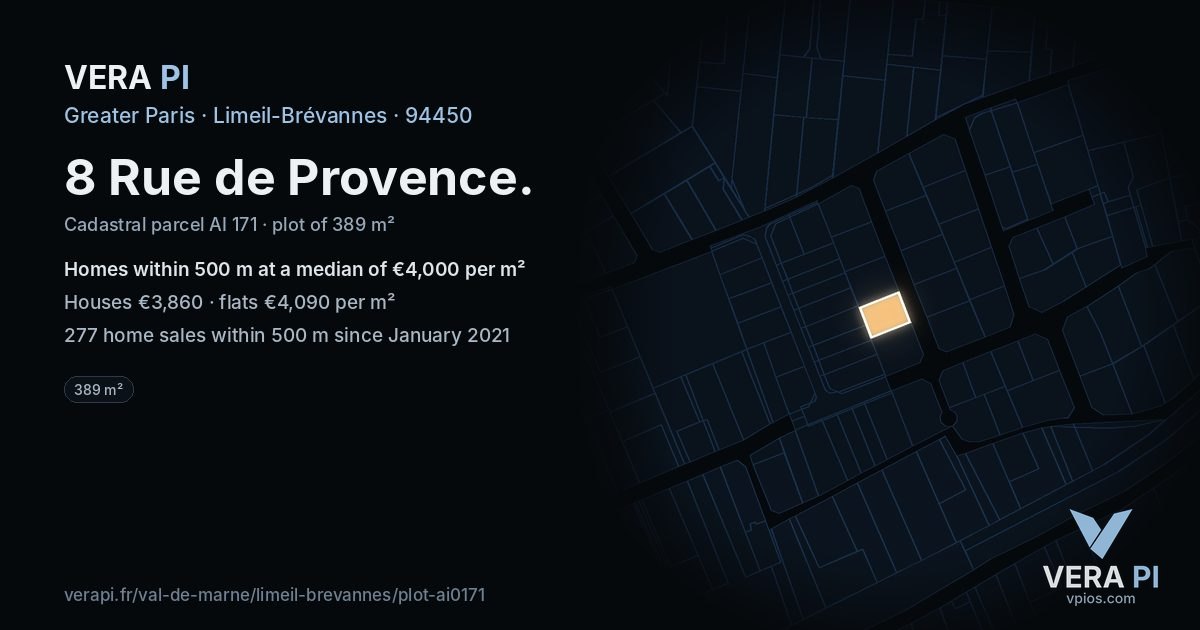 8 Rue de Provence, Limeil-Brévannes at night – the plot lit, the parcels around coloured by the prices near them