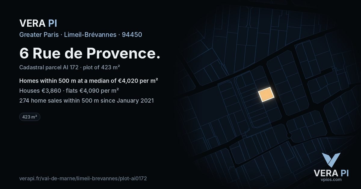 6 Rue de Provence, Limeil-Brévannes at night – the plot lit, the parcels around coloured by the prices near them