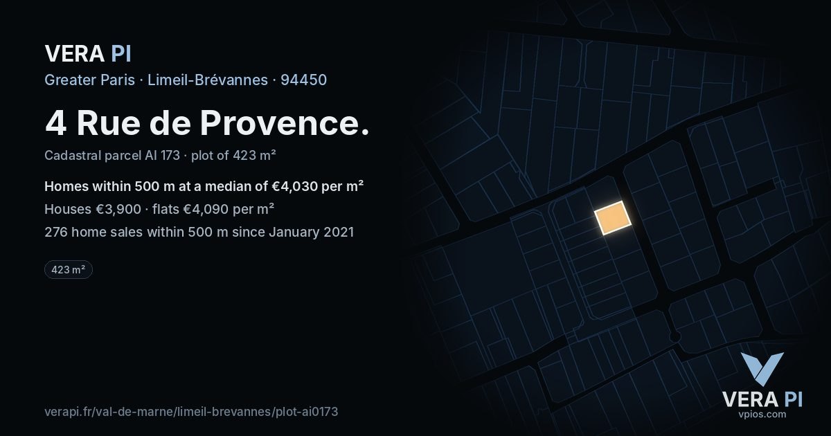 4 Rue de Provence, Limeil-Brévannes at night – the plot lit, the parcels around coloured by the prices near them