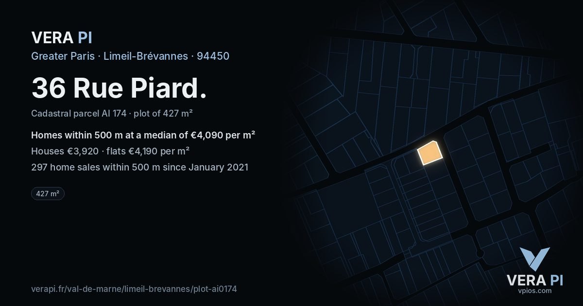36 Rue Piard, Limeil-Brévannes at night – the plot lit, the parcels around coloured by the prices near them