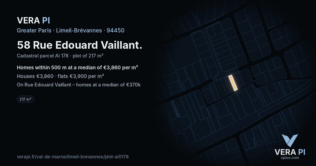58 Rue Edouard Vaillant, Limeil-Brévannes at night – the plot lit, the parcels around coloured by the prices near them