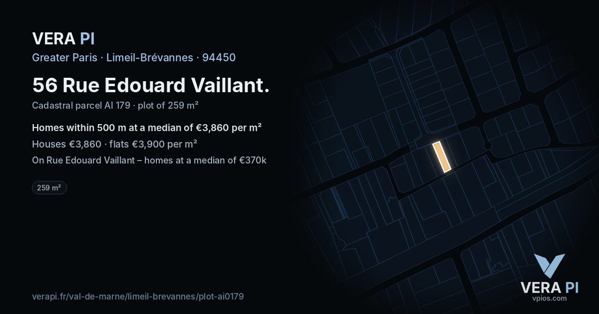 56 Rue Edouard Vaillant, Limeil-Brévannes at night – the plot lit, the parcels around coloured by the prices near them