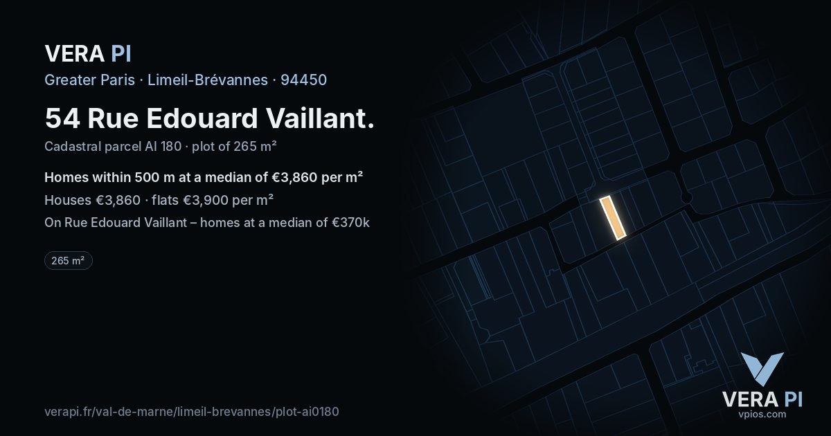 54 Rue Edouard Vaillant, Limeil-Brévannes at night – the plot lit, the parcels around coloured by the prices near them